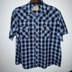 Men's Blue plaid Wrangler Western Shirt Pearl Snap Button Down Shirt Size 2XL
